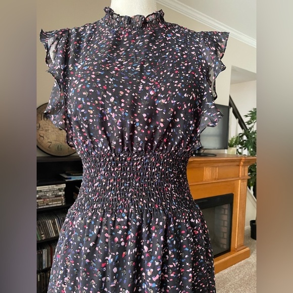 AQUA Flutter Sleeve Midi Sheer Fabric Dress Smocked Waist Confetti Print Size XS - Picture 9 of 13